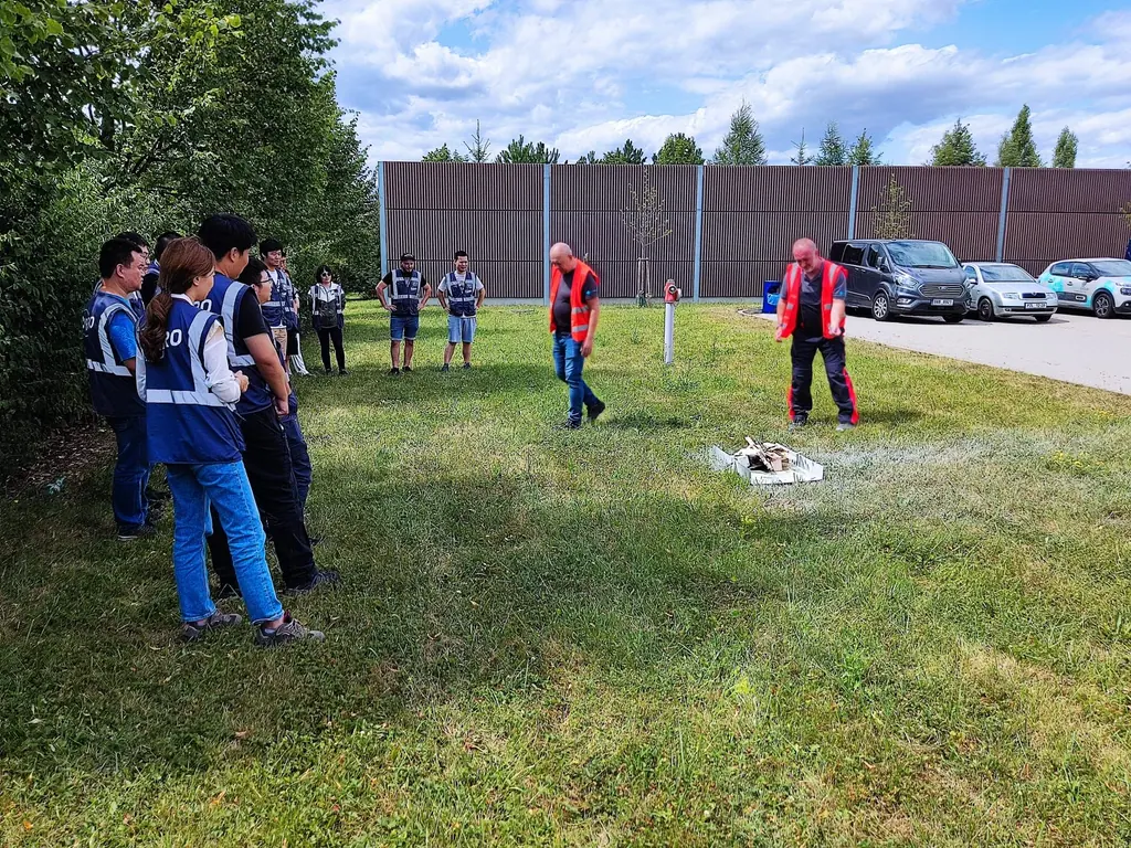 Firefighting practice in front of the premises
